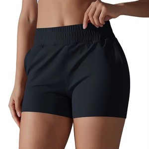 Shorts de sport roses taille haute pour femme avec logo personnalisé, poches, séchage rapide, en polyester tricoté, taille élastique, coupe régulière, fourniture OEM - Product Image 6