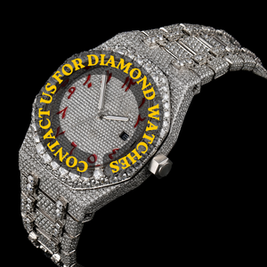 Reloj de Alta Calidad con Esfera Redonda de Oro Blanco con Incrustaciones de Diamantes Moissanite, Números Arábigos, Personalizable, Estilo Hip Hop, con Fecha Automática - Product Image 5
