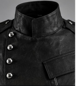 <b>Men's</b> black Leather <b>Jacket</b> Stand Collar With Button Closure - Product Image 3
