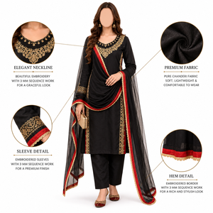 Beaded Embroidered Floor-Length Regular Fit Salwar Kameez Set <b>Black</b> <b>Pakistani</b> <b>Dress</b> Chanderi Fabric Neckline Sleeve Hem Detail - Product Image 1