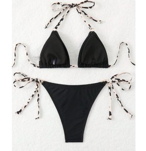 Ensemble bikini deux pièces noir pour femme, haut dos nu et bas string, en Spandex et Nylon, maillot de bain couleur unie, style sexy, soutien-gorge triangle amovible - Product Image 4