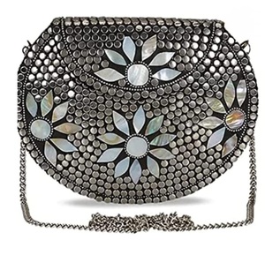 Irregular Shape <b>Silver</b> Plated Metal <b>Clutch</b> Bag With Red Enamel Inlays Antique Folk Art Design - Product Image 6