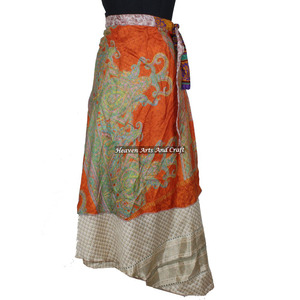Falda Larga Envolvente Vintage de Seda India, Estilo Bohemio, Vestido Mágico para Mujer, Prenda de 2 Capas Reversible, Sari de Seda Mágica - Product Image 3
