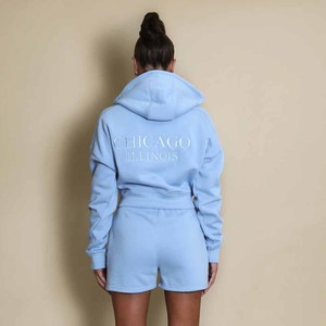 Conjunto de Sudadera con Capucha y Pantalones Cortos de Forro Polar Azul Claro para Mujer, Estilo Casual Holgado de Dos Piezas, Color Sólido, Ropa de Otoño - Product Image 3