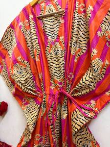 Women's Orange Floral Print Cotton Maxi V-neck <b>Kaftan</b> Dress <b>Beach</b> Cover up Boho Resort Wear Summer Lounge - Product Image 5