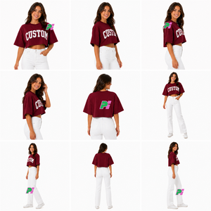 Camiseta Corta para Mujer, Color Granate, con Estampado de Letras Personalizado, Cuello Redondo, Manga Corta, Corte Holgado, Informal, Primavera-Verano, 100% Algodón Jersey - Product Image 4