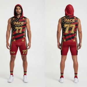 Ensemble de compression athlétique à capuche Red Black Stars Pro 77 Kits d'uniformes de jeu à capuche - Product Image 1