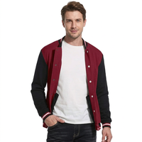 Jaket Varsity Baseball Pria Warna Blok Maroon Hitam Kancing Tekan Kerah Tegak Lengan Panjang Bahan Kanvas Bernapas untuk Musim Dingin