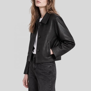2026 <b>Women's</b> Faux <b>Leather</b> <b>Jacket</b> Turn-Down Collar Single Breasted Full Sleeve Short Crop Minimalist Autumn Outerwear <b>Jacket</b> - Product Image 4