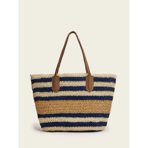 Handmade Woven Cotton Tote <b>Bag</b> Womens Striped Beach Shoulder Handbag <b>Navy</b> Blue Beige Summer Travel Purse Large Capacity Soft - Product Image 1