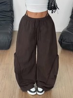 Pantalon cargo marron ample taille mi-haute 100 % coton pour femme, coupe droite, style rétro, idéal pour la danse et le streetwear, avec poches, nouvelle collection été
