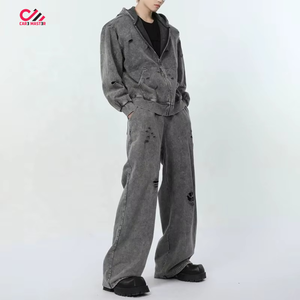 Conjunto de Sudadera con Capucha y Pantalones de Chándal de Algodón Desgastado para Hombre CARE MASTER, Ajuste Holgado, Estilo Urbano, Cremallera Frontal Completa, Gris, Otoño - Product Image 2