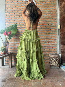 Wholesale Womens Tiered Ruffle Maxi Dress Olive Green Cotton Gauze Eco-Friendly Vintage Customizable Backless Boho Summer Dress - Product Image 3