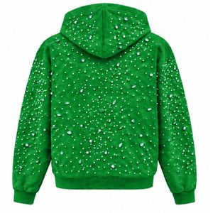Sudadera con capucha verde brillante con cremallera completa, chaqueta de streetwear con cristales, sudadera informal de manga larga con bolsillo frontal - Product Image 2