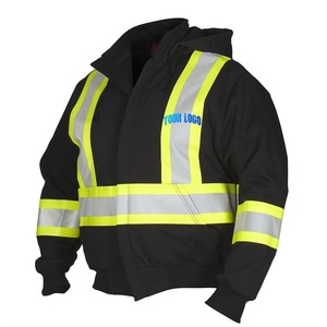 Veste polaire réfléchissante à capuche pour homme avec fermeture éclair et bandes de sécurité, style vêtement de travail hiver, noir jaune haute visibilité - Product Image 1