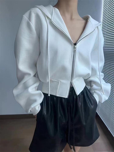 Sudadera Corta con Capucha y Cierre para Mujer, Color Blanco, Manga Larga, Hombros Caídos, Tejido de Punto, Estilo Casual para Otoño - Product Image 6