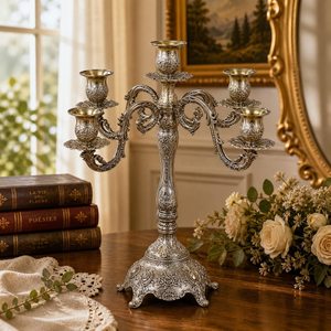 Antique Silver Candelabra 5 Arms Decorative Home <b>Lighting</b> Ornament 44cm Height Heat Resistant Durable Design - Product Image 5