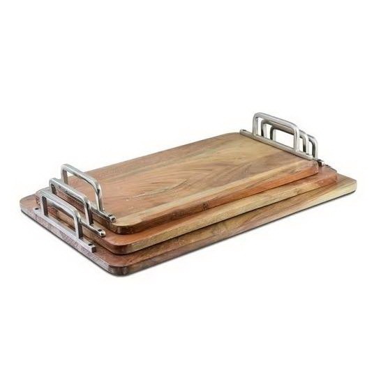 Set of 2 Acacia Wooden Serving Tray Farmhouse Breakfast Tea Coffee Decorative Butler Tray Durable