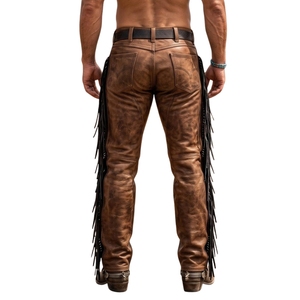 Pantalones de Cuero Marrón para Hombre, con Flecos Negros, Estilo Vaquero Occidental, Hechos a Mano y Personalizados - Product Image 2
