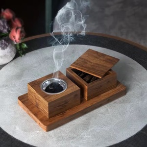 Ensemble brûleur d'encens Bakhoor en bois avec boîte de rangement, plateau à charbon en métal, support d'aromathérapie fait main pour la maison - Product Image 1