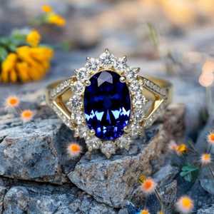 แหวนหมั้นเงินแท้ 925 ชุบทอง 14K ประดับแทนซาไนต์รูปไข่ เครื่องประดับหรูหรา สง่างาม ของขวัญสำหรับผู้หญิง - Product Image 1