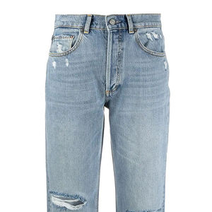 Jean en denim déchiré bleu clair pour femme, coupe droite, slim, effet usé, en coton, style décontracté vintage - Product Image 4