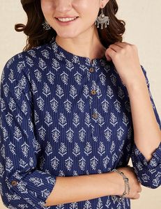 Kurta de algodón con estampado geométrico azul marino para mujer, con cuello mandarín y mangas tres cuartos, top informal - Product Image 4