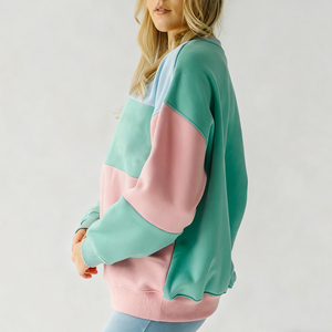Pastel Tri Color <b>Block</b> Crewneck Sweatshirt Womens Multi Colorful Chenille Embroidery Pullover Fleece Hoodies Heavyweight Sweater - Product Image 4
