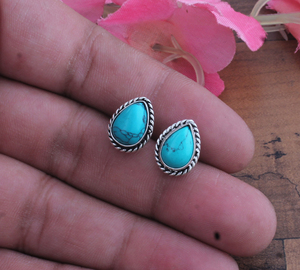 Boucles d'oreilles de luxe en turquoise, forme goutte d'eau, vintage, en argent sterling 925, faites à la main, coupe poire, pour fiançailles, mariage, anniversaire - Product Image 4