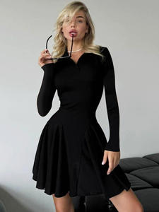 V-neck Knitted Printed 100% Polyester Winter Pleated Slender Striped Irregular Slit Long Tennis <b>Dress</b> Front Logo - Product Image 4