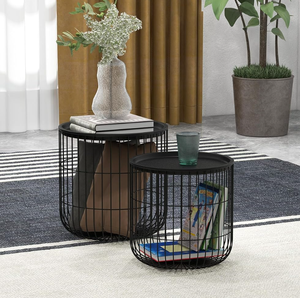 Tables basses imbriquées avec panier filaire et dessus amovible et tables d'extrémité empilables pour le rangement des couvertures dans le salon - Product Image 3