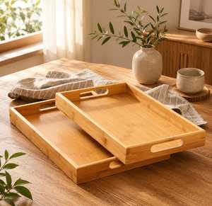 Bandeja de Servir de Bambú Hecha a Mano, Bandeja Rectangular de Madera para Desayuno con Asas - Product Image 1