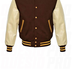 Blouson bomber varsity marron et crème pour homme, avec corps en mélange de laine, manches en cuir contrastant, boutons-pression et bordures côtelées rayées. - Product Image 6