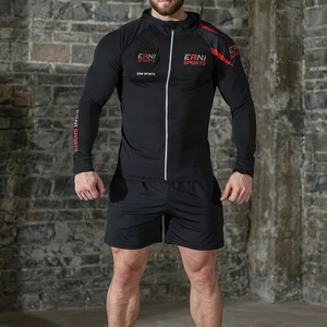 Veste de course pour homme à haute élasticité, perlée, en polyester 220g, à capuche, zippée, coupe ajustée, manches longues, séchage rapide, pour la gym et le fitness, OEM - Product Image 1