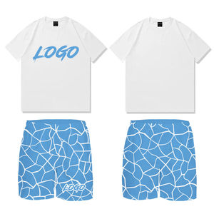 Men's White T-Shirt And <b>Light</b> Blue Printed Shorts Set Two Piece Crewneck Tee With Matching Shorts Casual Activewear Lounge Wear - Product Image 1