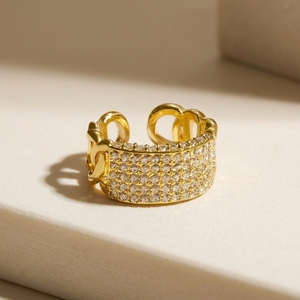 Four Row Pave <b>Statement</b> <b>Ring</b> Shimmering Cut Lab Grown Diamonds Wide Curb Link Engagement Women's 10k/14k/18k Gold Plated <b>Ring</b> - Product Image 4