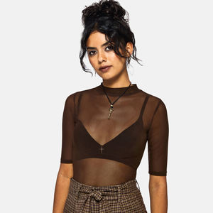 New Design Knitted Mesh Top <b>See</b>-<b>through</b> <b>Sexy</b> Short Sleeve Embroidery Logo Casual Crop Top Comfortable Solid Colour Women T-Shirt - Product Image 1