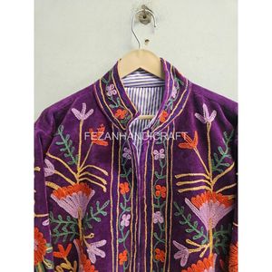 Chaqueta Blusón de Terciopelo Morado con Bordado Floral, Cuello Mao, Manga Larga, para Otoño - Product Image 4