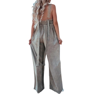 Combinaison sexy pour femmes en denim à taille haute, fitness, col en V, jambes larges, tricotée, respirante |   Combinaison utilitaire contemporaine - Product Image 3