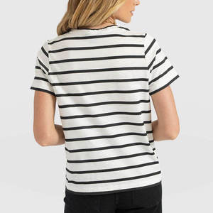 2026 Best Quality Women's <b>Striped</b> Crew Neck Short Sleeve <b>T</b>-<b>Shirt</b> 100% Cotton Knitted Casual Regular Fit <b>White</b> <b>Black</b> Stripes - Product Image 2
