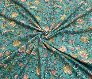 Tissu en coton vert aqua imprimé à la main, écologique, pour robes de filles - Matière légère pour vêtements de mode - Product Image 2