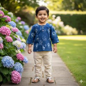 Kurta Infantil de Algodón Índigo con Estampado de Bloques, Estilo Boho, Unisex, Estampado Animal, Top Étnico de Verano, Ligero y Transpirable para Niños Pequeños, Ideal para la Playa - Product Image 4