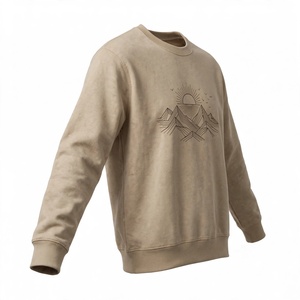 Sweat-shirt à col rond épais vintage délavé à l'acide avec motif, style streetwear personnalisé, broderie minimaliste Montagne Soleil, pull-over - Product Image 3