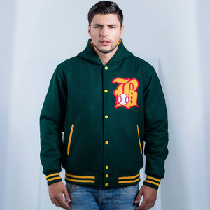 Custom Varsity <b>Jacket</b> Wholesale Wool Chenille Embroidered Letterman <b>Baseball</b> Hooded <b>Jacket</b> <b>Men</b> Green Streetwear OEM Manufacturer - Product Image 1
