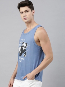 Débardeur en coton bleu pour homme avec imprimé panda, col rond, décontracté, sans manches, respirant, design tricoté, logo sur le devant - Product Image 1