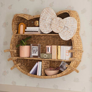 Étagère murale en jacinthe d'eau durable pour chambre d'enfant, bibliothèque flottante, formes de chat mignonnes, organisateurs de rangement en osier tressé, décorations - Product Image 4