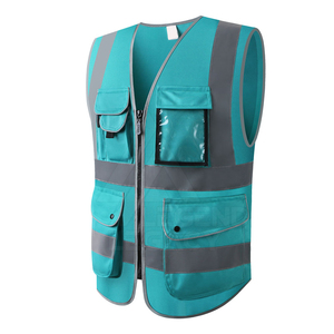 Chaleco de seguridad reflectante color verde azulado con múltiples bolsillos y cremallera frontal para trabajadores de la construcción - Product Image 1
