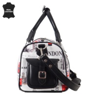 Bolsa de Viaje de Cuero Genuino con Acabado Brillante Personalizado, Diseño con Estampado de Londres, Marca Privada OEM/ODM, Venta al Por Mayor, Estilo de Viaje