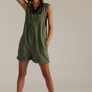 Custom <b>Women's</b> Green <b>Denim</b> Overalls <b>Shorts</b> Solid Color Loose Fit Casual Summer Style With Pockets Breathable Cotton Mid Waist - Product Image 1