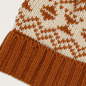 Unisex Knitted Beanie <b>Hat</b> With Pom-Pom Geometric Pattern Brown And Cream Winter <b>Cap</b> Casual Style For Adults 56-58CM - Product Image 2